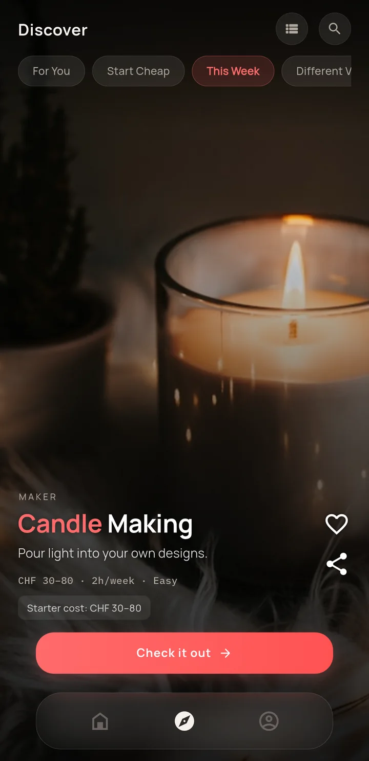 TrySomething Discover screen showing Candle Making with starter cost CHF 30–80, 2h per week, easy difficulty