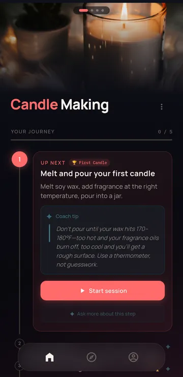 Candle Making roadmap with the first step — melt and pour your first candle — a coach tip and a Start session button